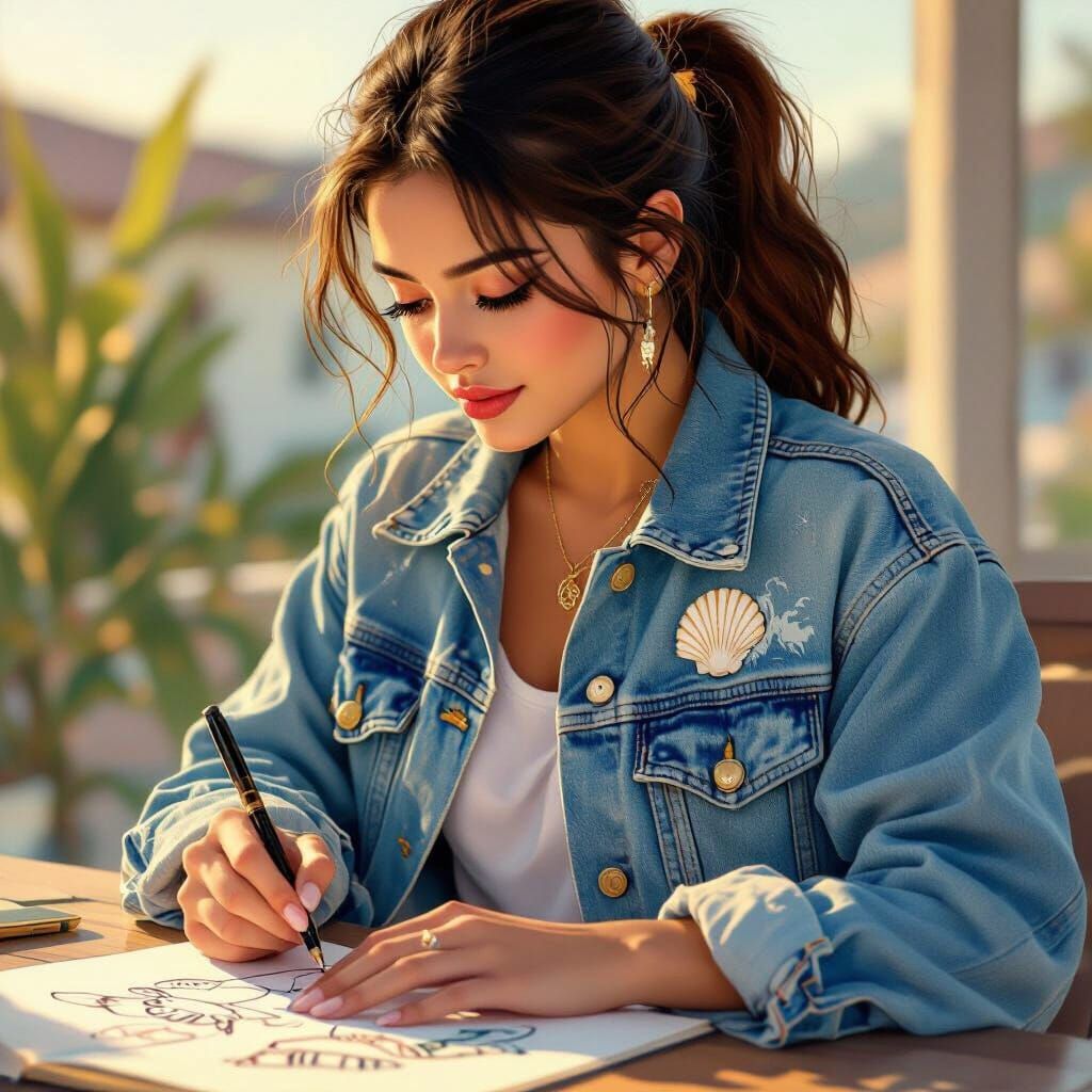 Mira Drawing Fins and Rooftops in Golden Hour Light