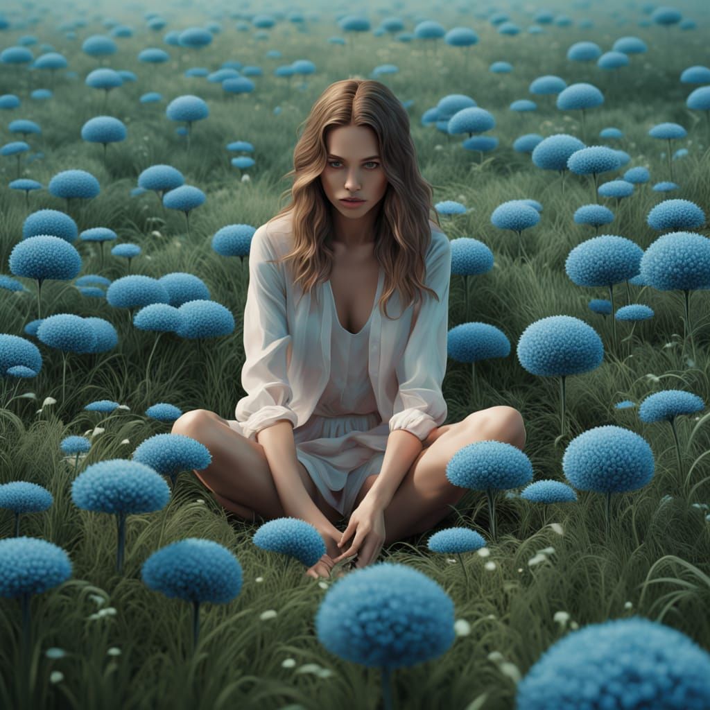 Surreal Blue Landscape with Woman and Green Sky