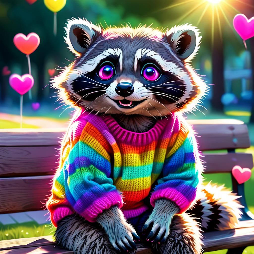 Cute Raccoon in Rainbow Sweater, Digital Illustration