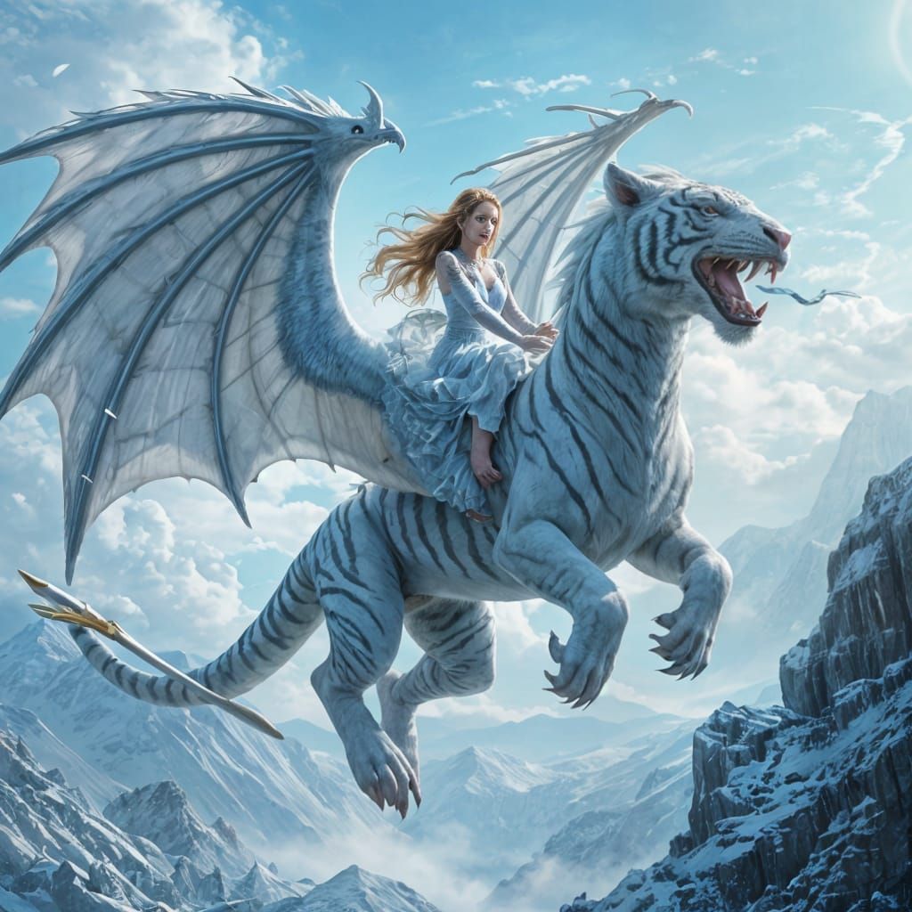 Celtic Princess Rides White Tiger Dragon Through Icy Skies
