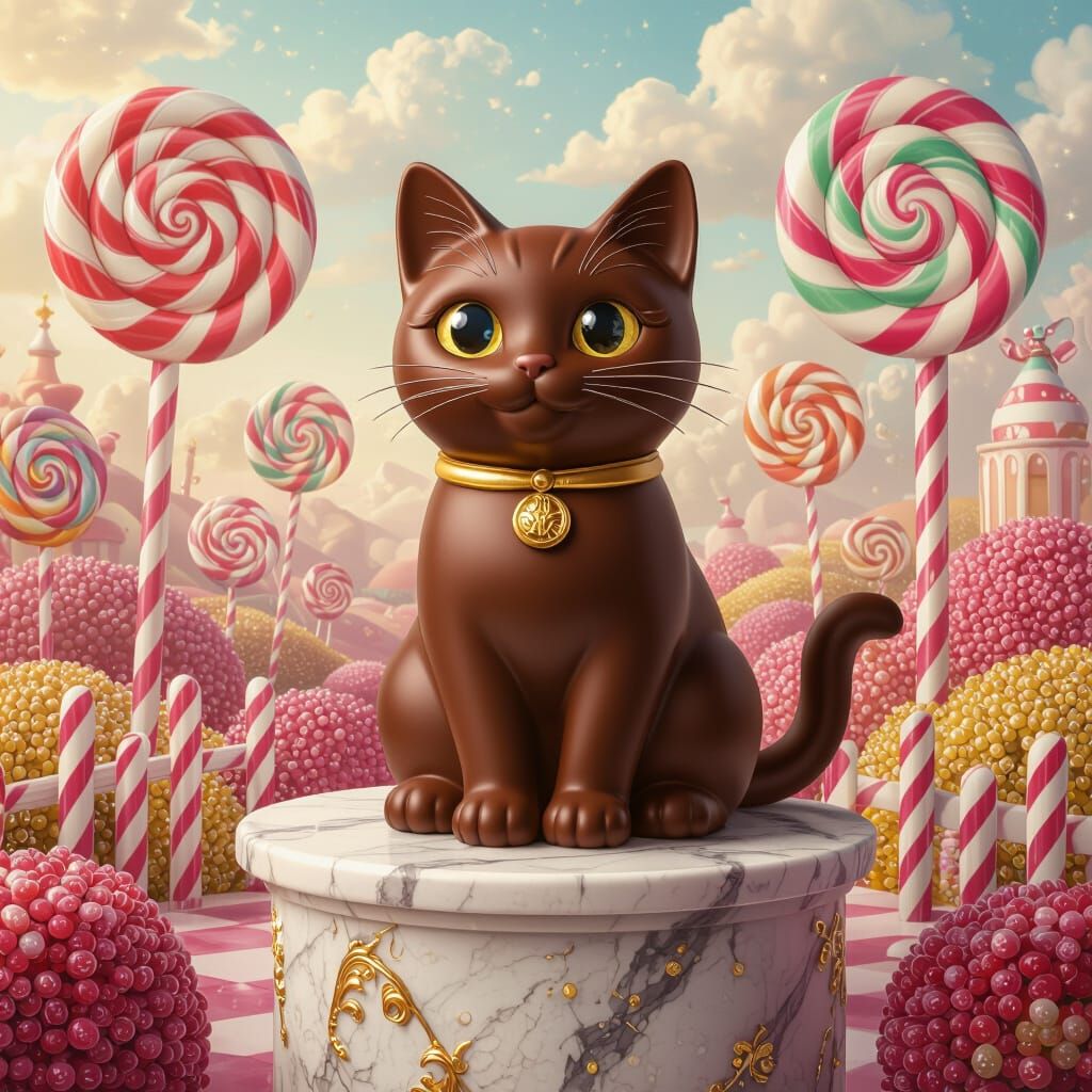 Chocolate Cat Statue in Whimsical Candy Factory