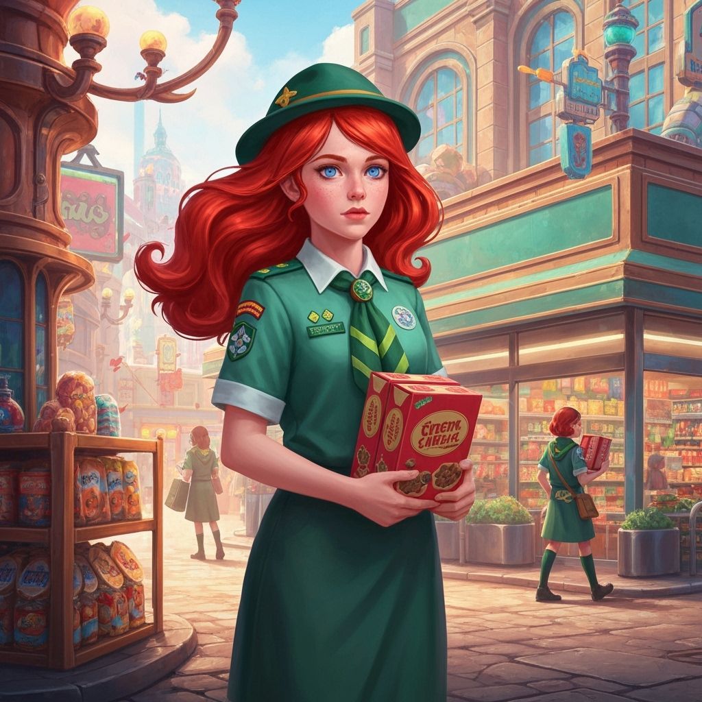 Girl Scout Selling Cookies in a Matte Painting Style