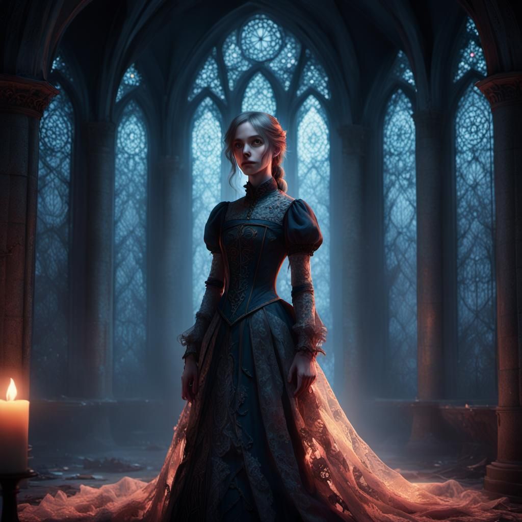 Ethereal Victorian Gothic Anime Goddess in Abandoned Church