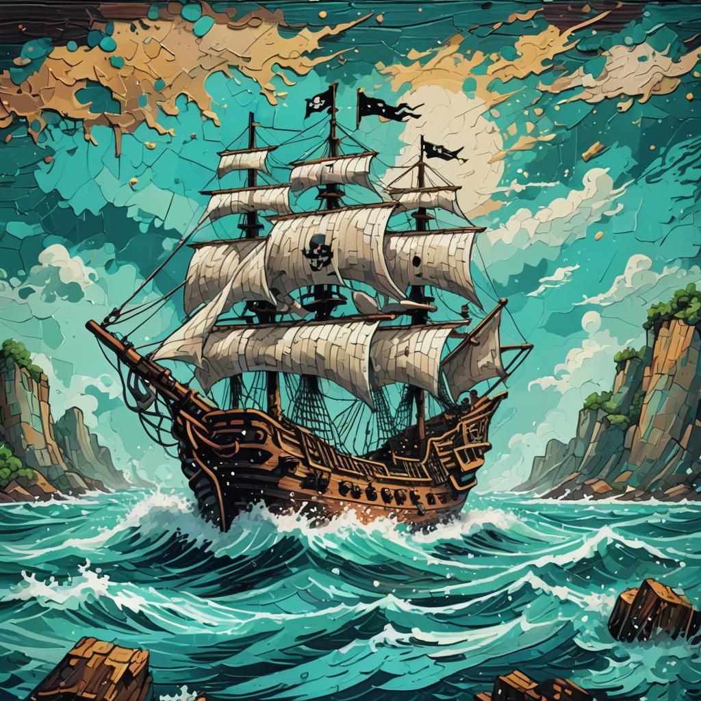 Pixel Art Pirate Ship Sails Turquoise Waters