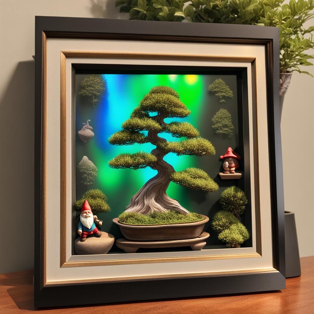 Holographic Bonsai Art with Garden Gnome