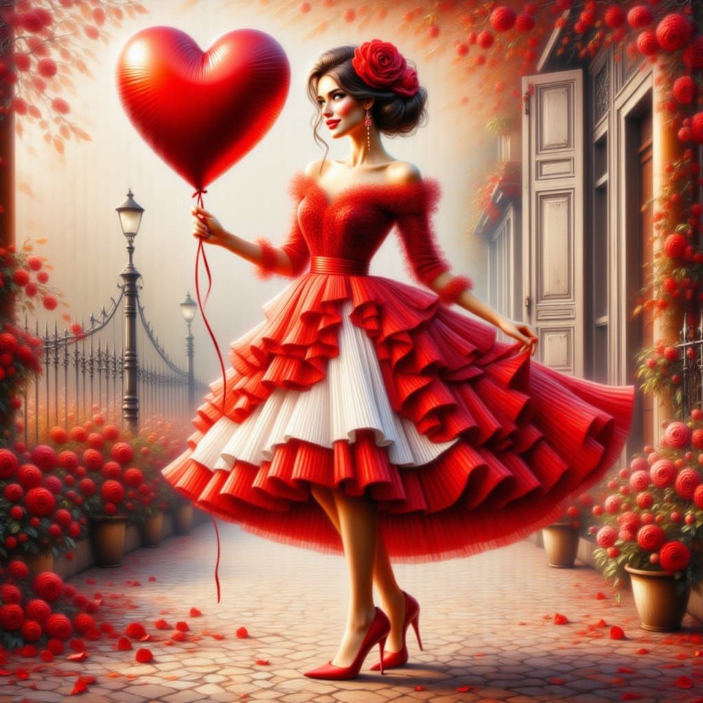Woman in Red Dress Holding Heart Balloon in Impressionist St...