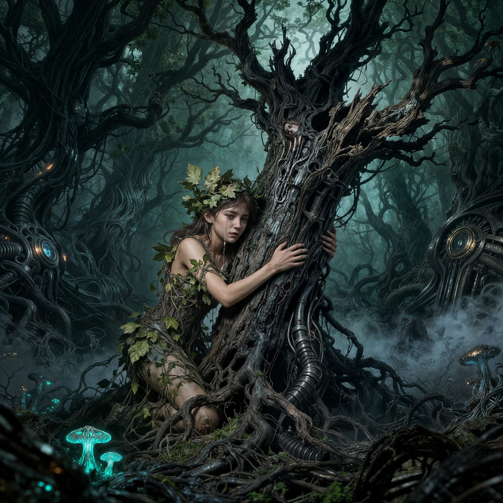 Dryad Crying Beside Dying Oak Tree