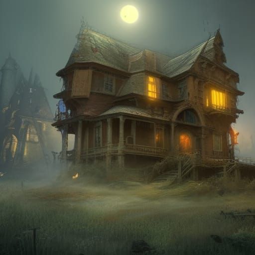 Fantastical Haunted Mansion in Deep, Dreamlike Colors