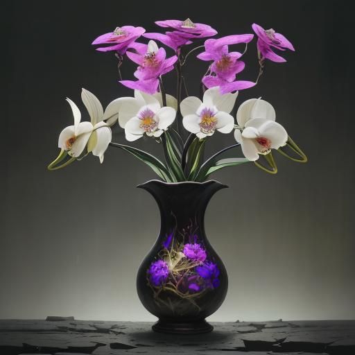 Dark Fantasy Orchids in Stained Glass Vase with Heavy Brush....