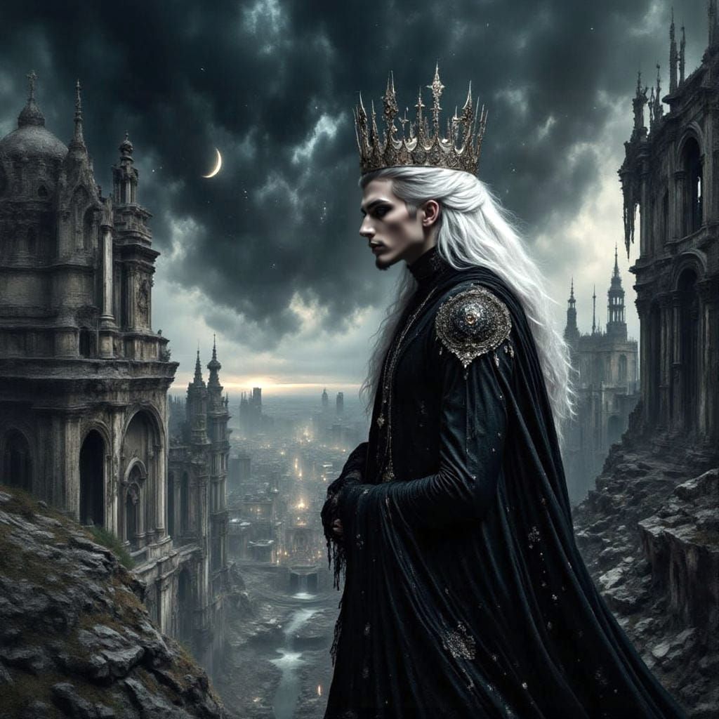 Gothic Vampire King Overlooking Ruined City