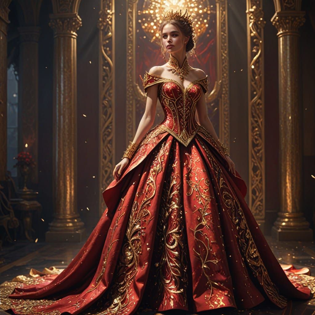 Concept Art of a Red Glass Ball Gown with Gold Accents