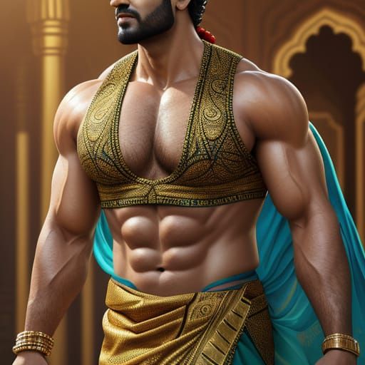 Attractive Muscular Man in Saree, Bollywood Style