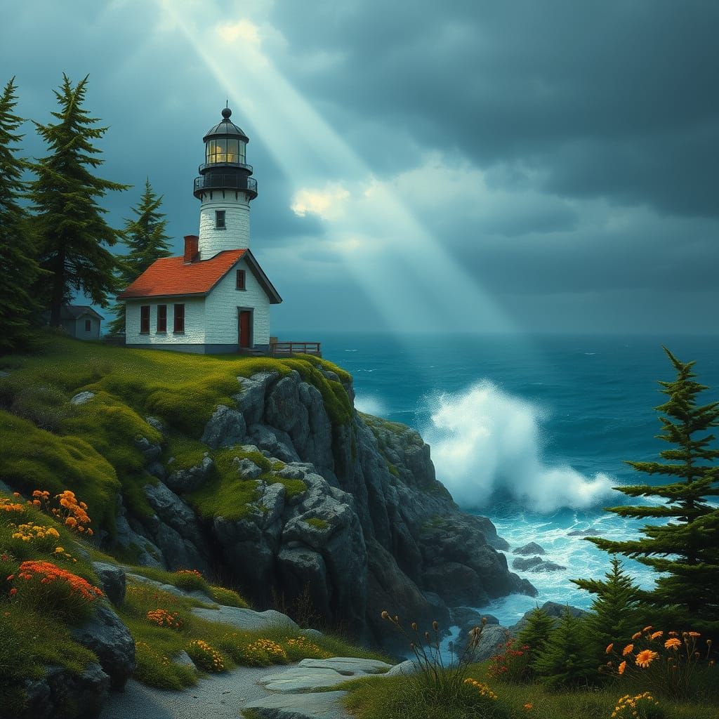 Lighthouse on Stormy Sea, Hudson River School Style