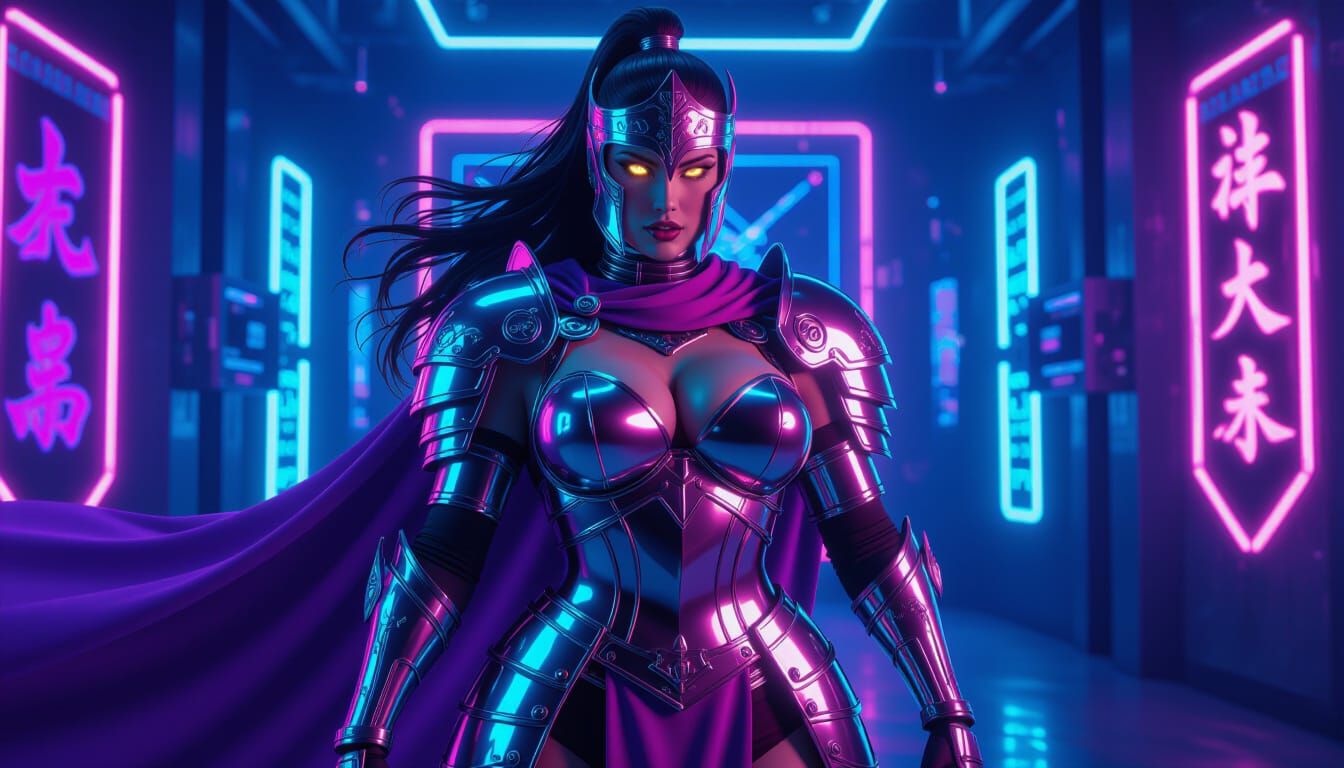 Victorious Android Gladiator in Neon Cyberpunk Style