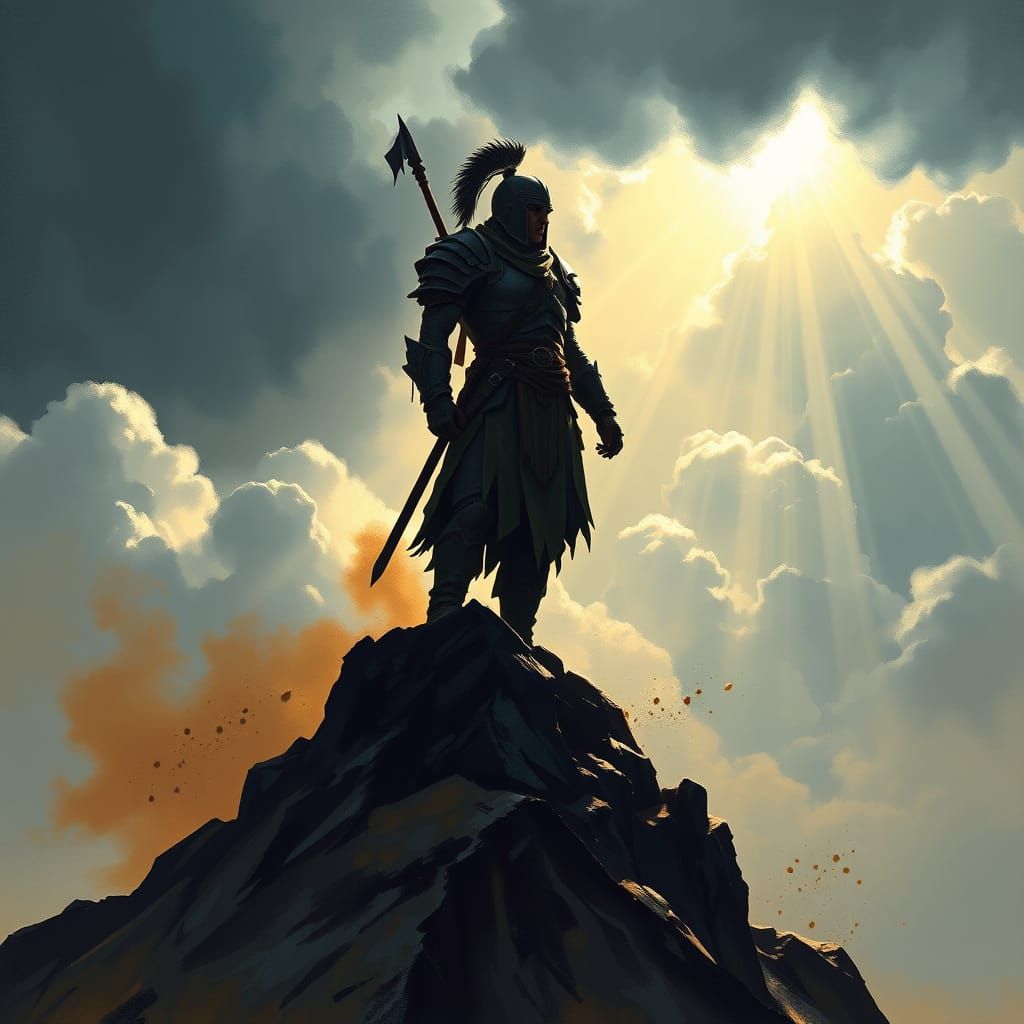 Resilient Warrior on Stormy Peak in Golden Light