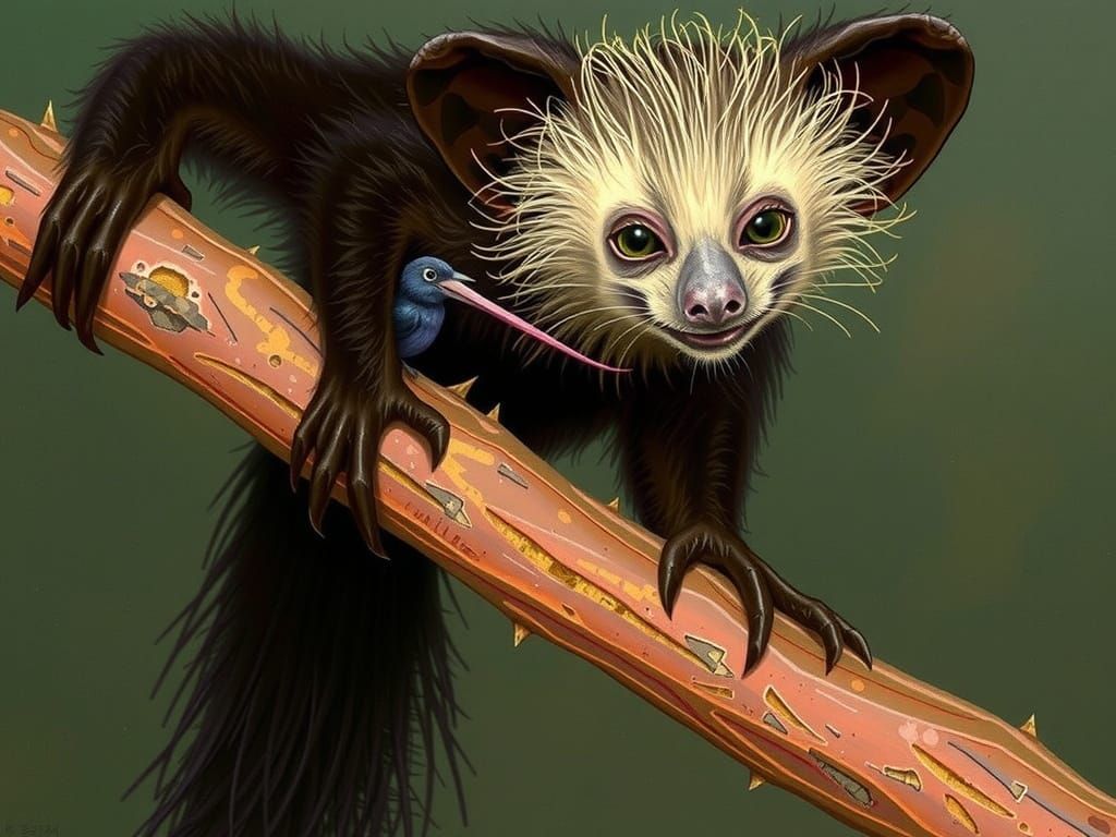 Aye-Aye Philosopher in Lush Tree, Whimsical Art