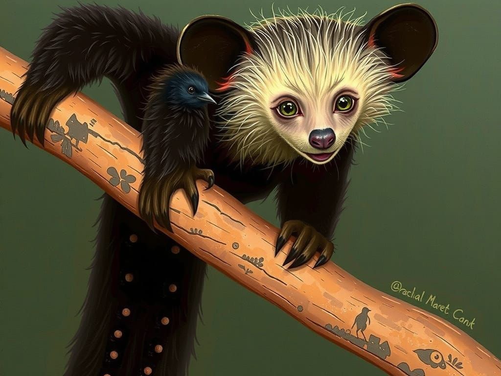 Aye-Aye Philosopher in Exotic Tree, Dreamlike Art
