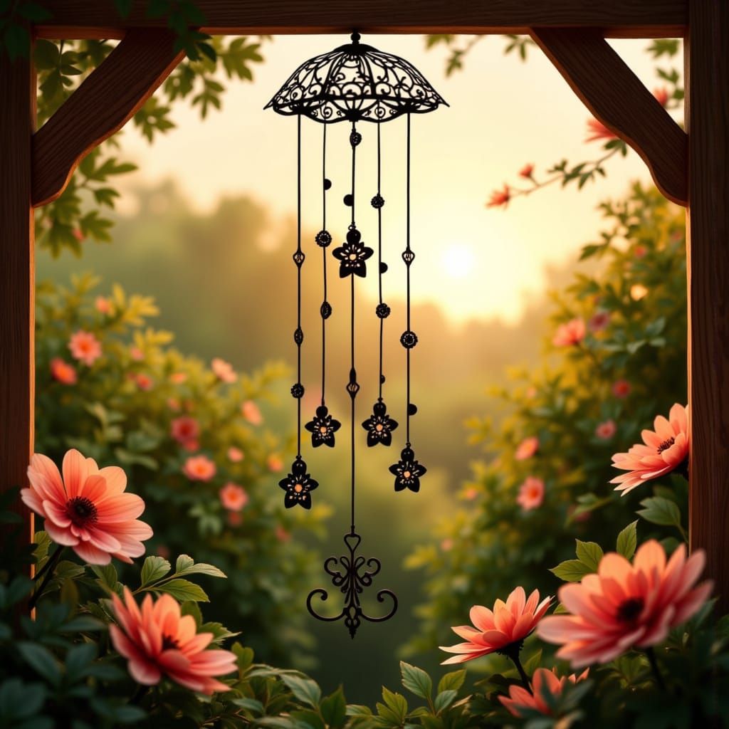 Swaying Wind Chime in a Serene Impressionist Garden
