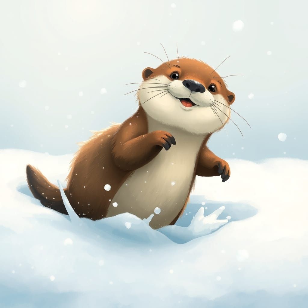 Playful Otter Splashing in Snow - Storybook Style