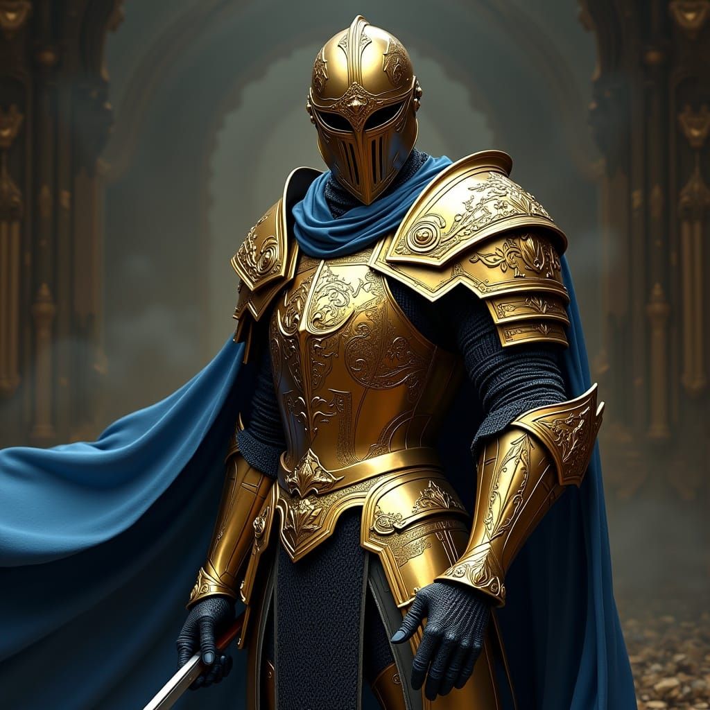 A Regal Knight in Golden Plate Armour, Shining with Honour a...