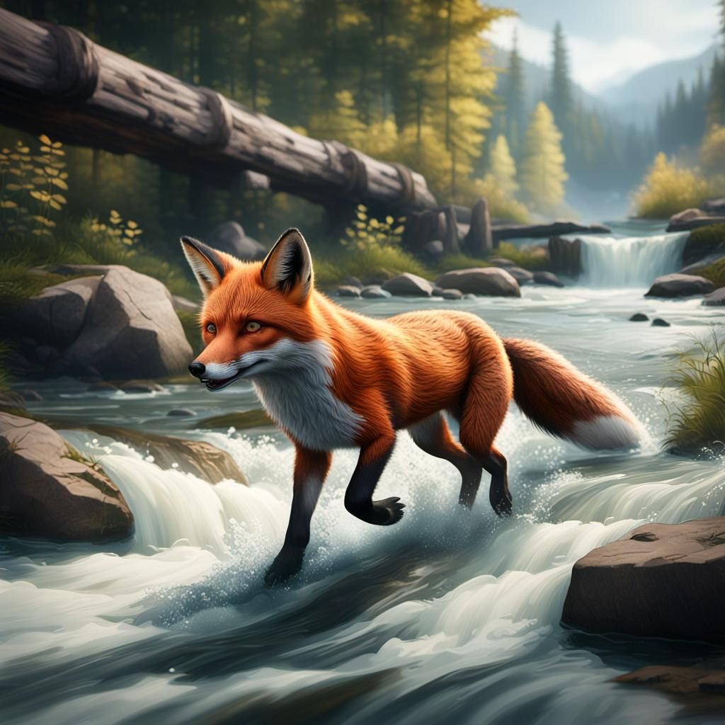 Resilient Fox Battles the Fierce Tidal Current in a Vibrant,...
