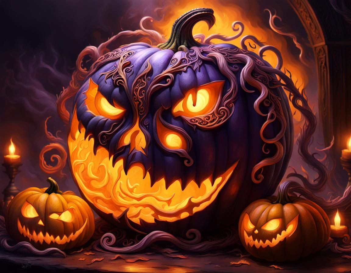 Dark Fantasy Pumpkin Masterpiece with Intricate Textures and...