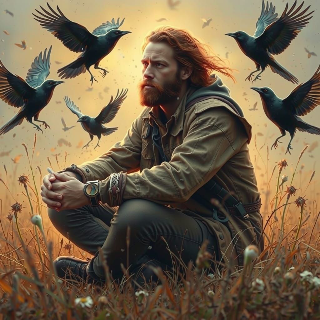 Surreal Landscape with Men and Crows