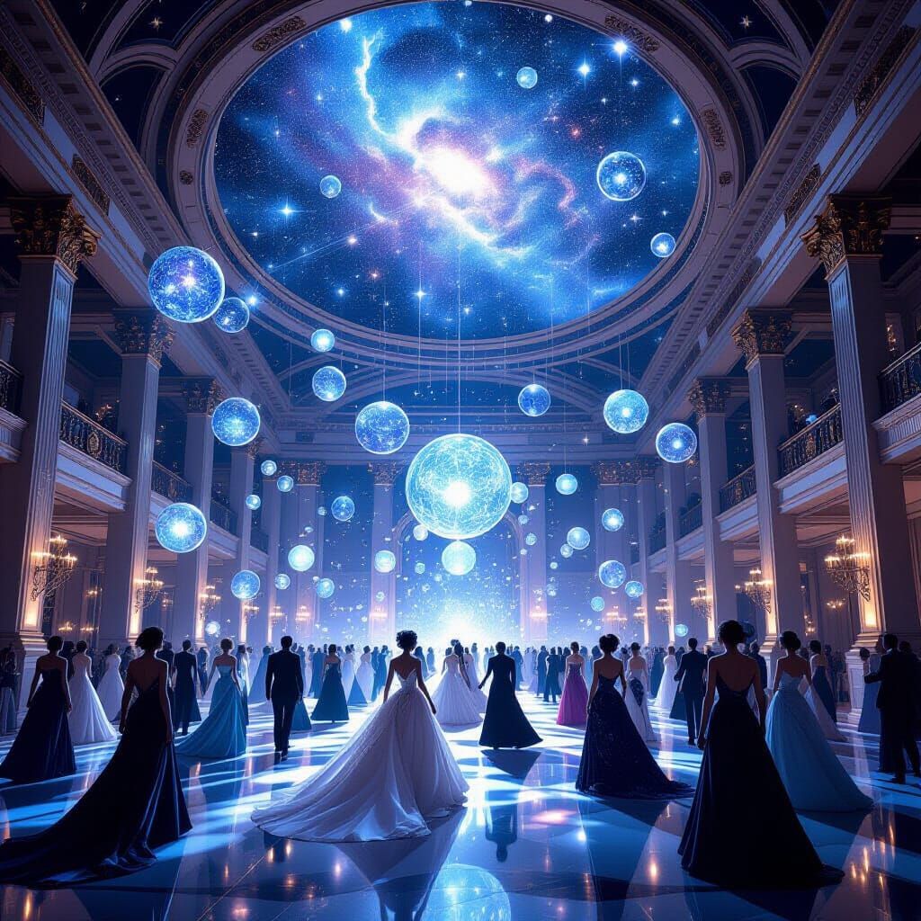Celestial Masquerade Ballroom with Futuristic Guests