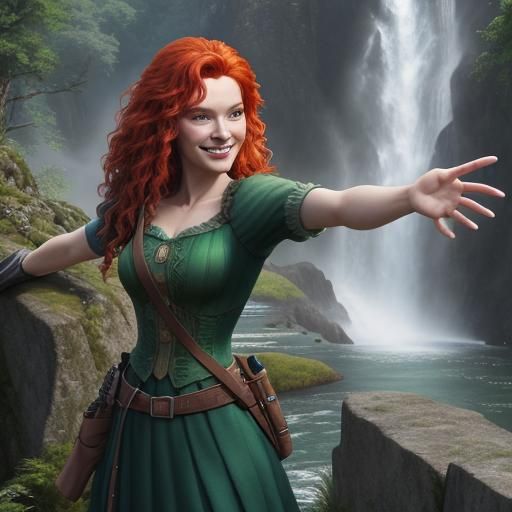 Disney's Merida, realistic, in a green tomboyish dress, standing on a ledge in Scotland with a waterfall cascading. Her ...