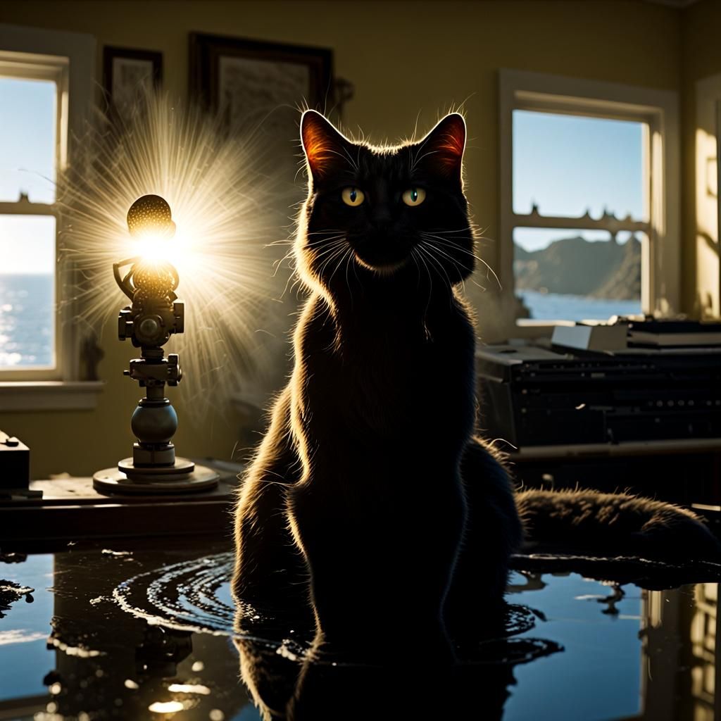 Whimsical Cat Caught in the Act of Singing Amidst Oceanic Re...