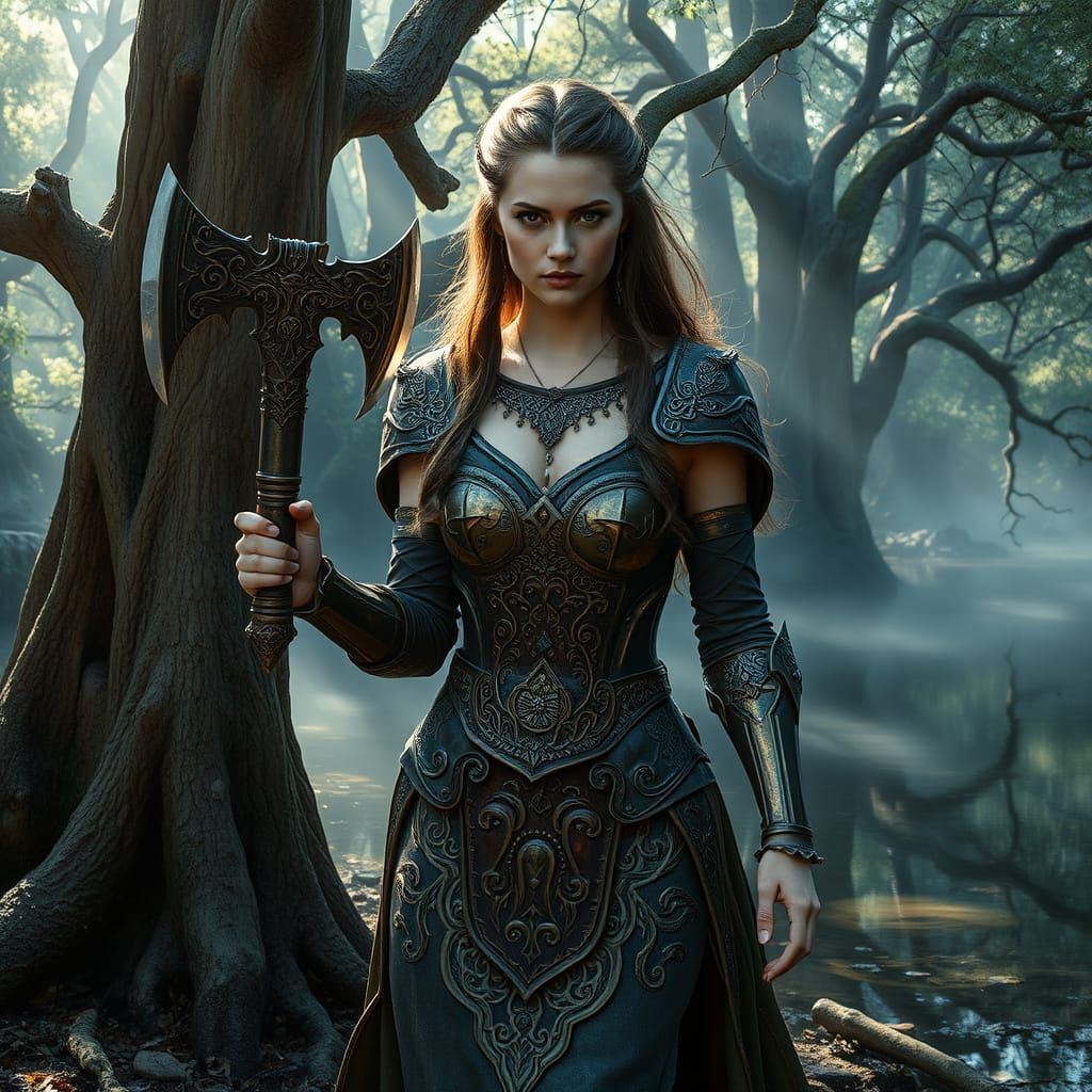 Warrior Princess Walks Towards the Camera with Menacing Axe