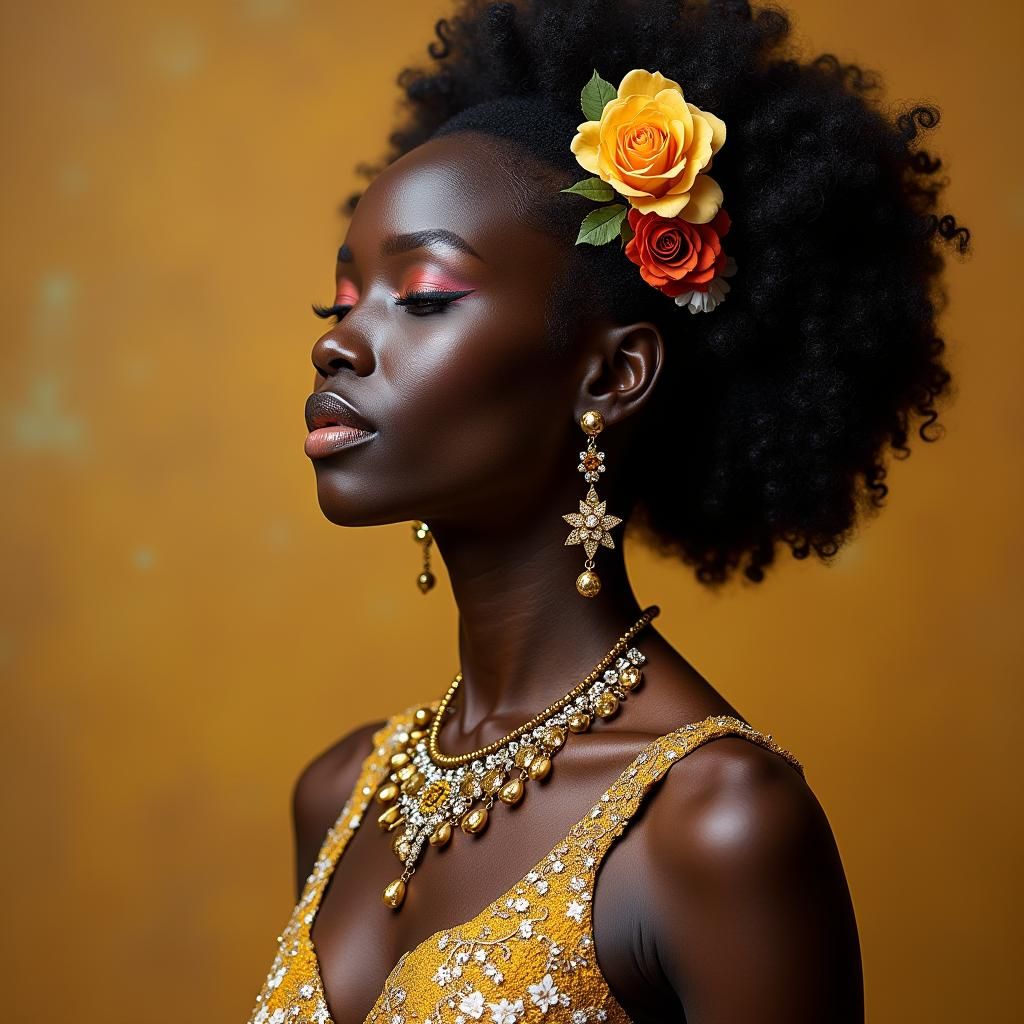 Radiant Afro Goddess in Golden Splendor
