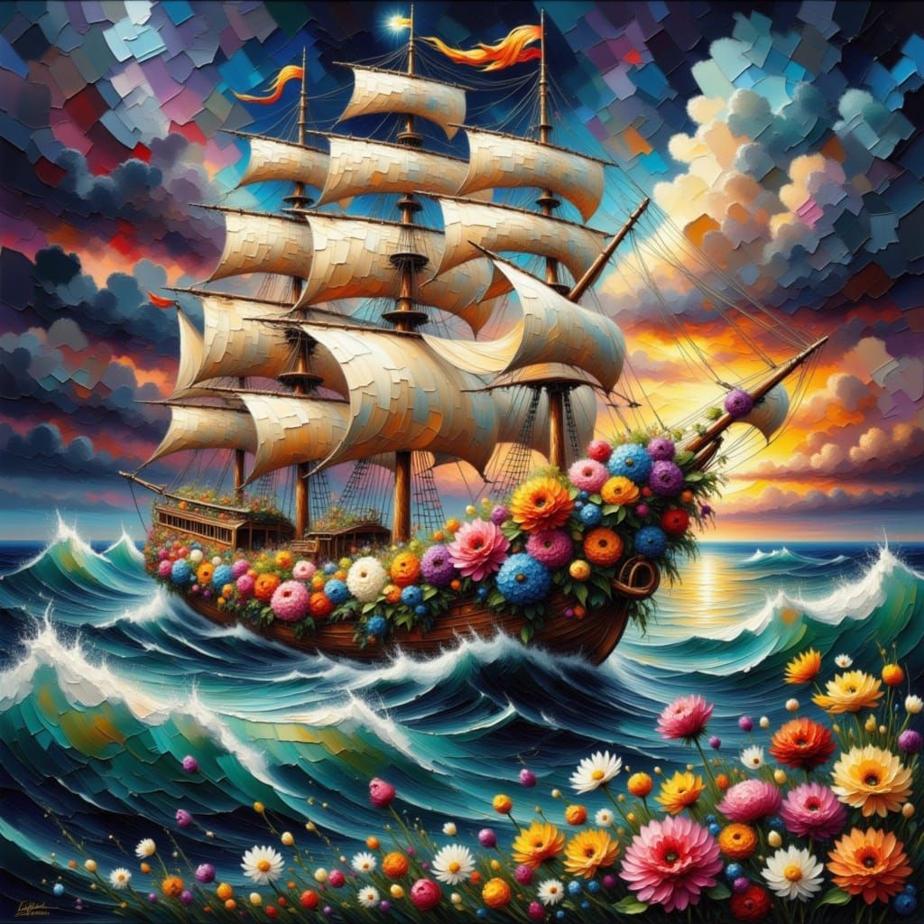 Vibrant Pirate Ship Made Entirely of Flowers in a Triadic Co...
