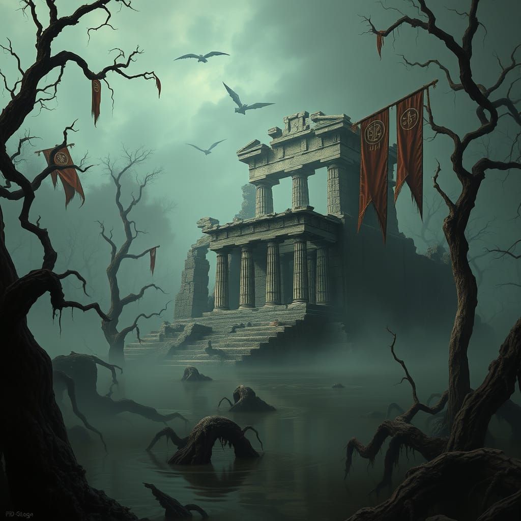 Mystical Ruins in a Haunted Swamp Landscape