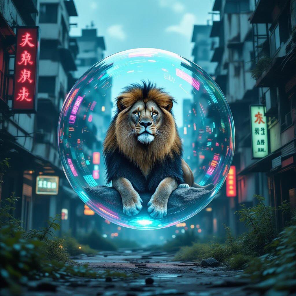 Lion in Bubble Over Dystopian Cityscape