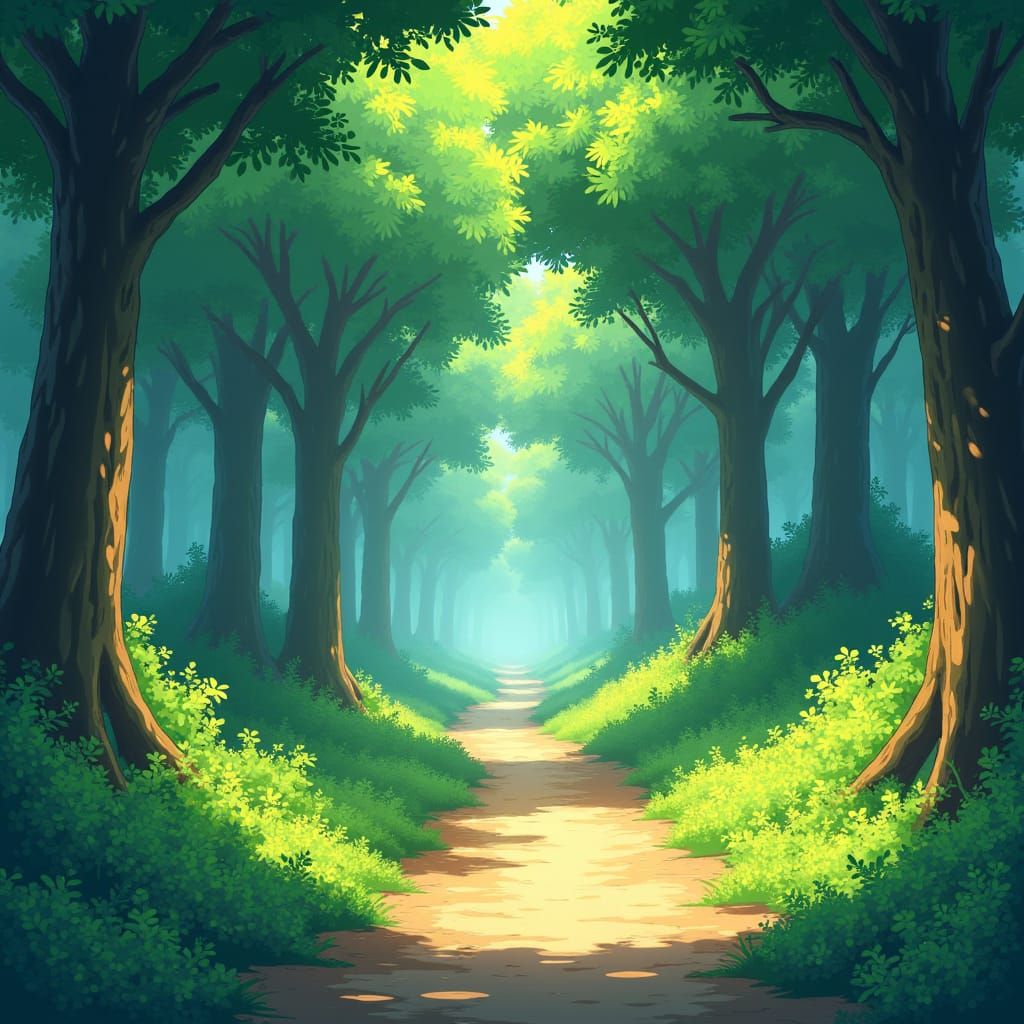 Lush Forest Landscape in Anime Key Visual Style