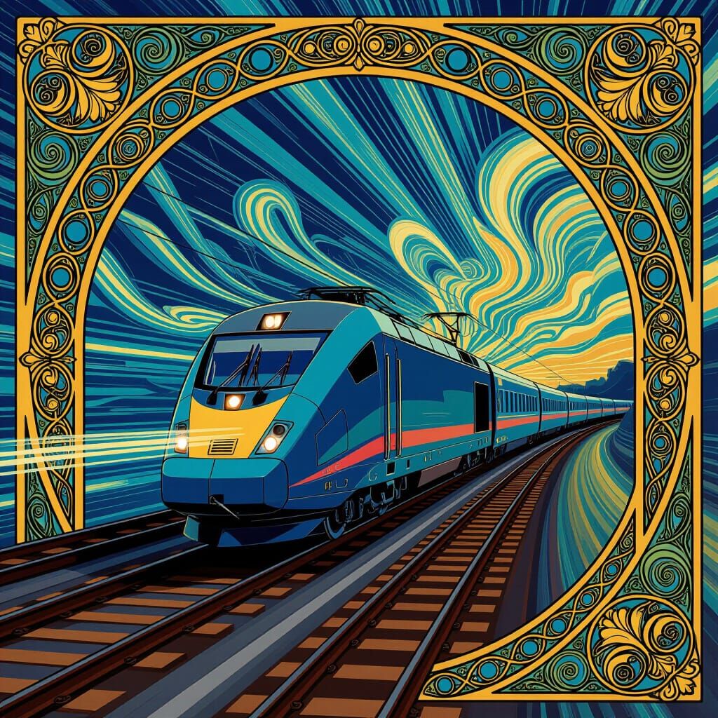 Art Nouveau Train Speeding on Railroad Track
