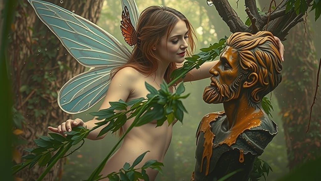 Fairy Woman Beside Wooden Statue in Mystical Forest