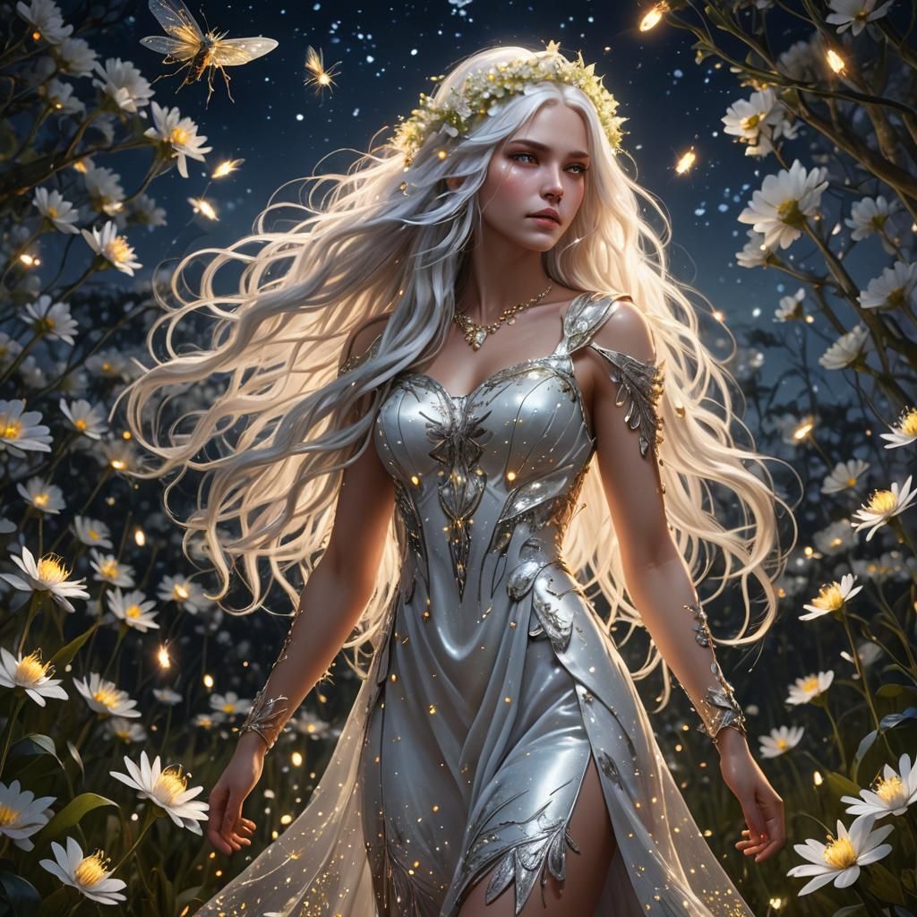 Surreal Goddess amidst Glowing Fireflies and Flowers