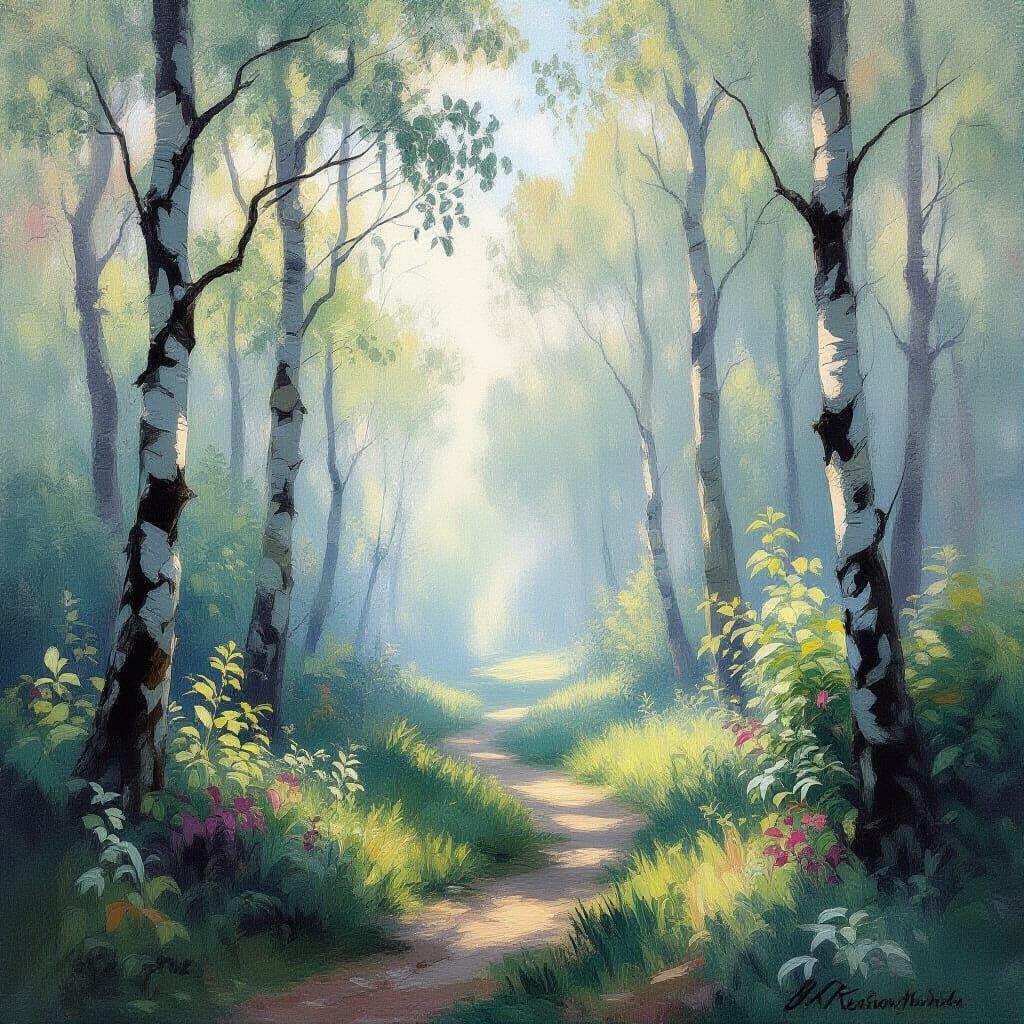 Misty Forest Landscape in Impressionist Style