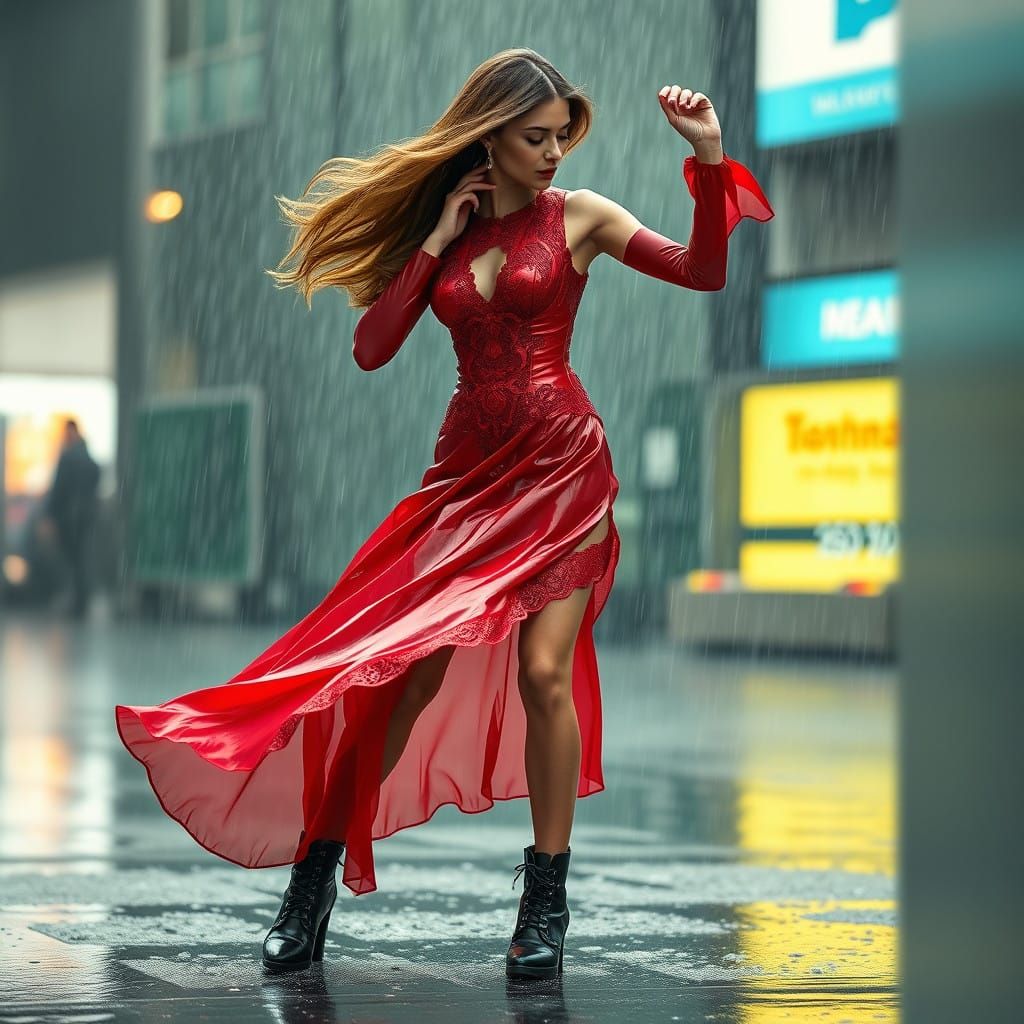 Hyperrealistic Woman Dancing in the Rain in a Vibrant Red Vi...