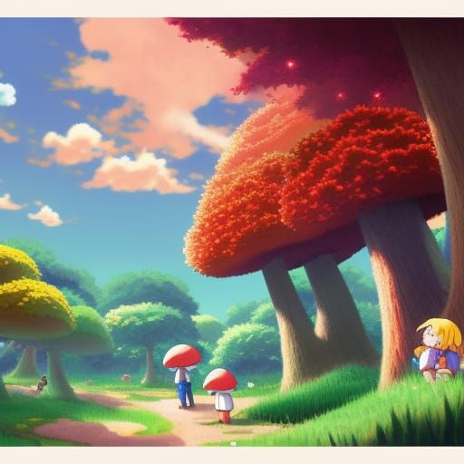 Lush Mushroom Kingdom Landscape in Vibrant Anime Style