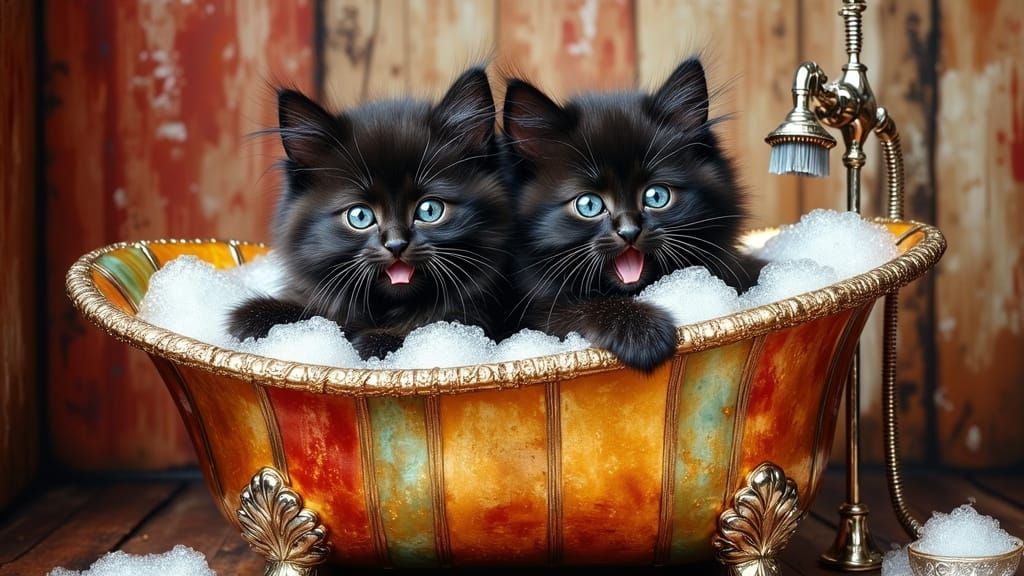 Playful Kittens in Whimsical Stained Glass Bathtub Scene