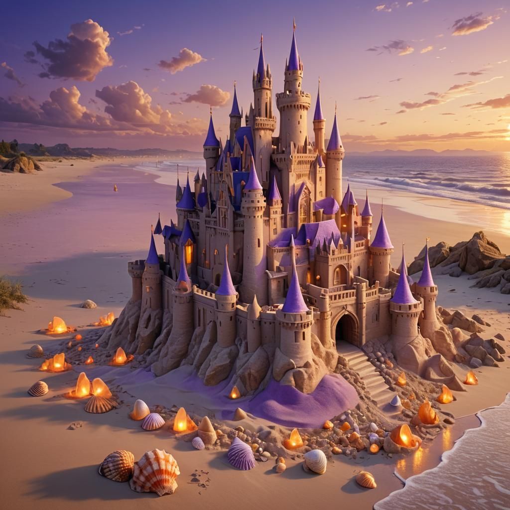 Majestic Sandcastle in Vibrant Sunset Hues