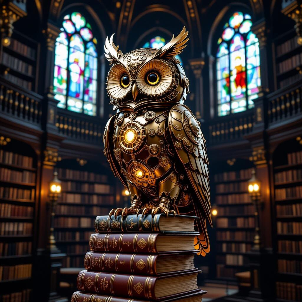 Steampunk Owl Automaton in Grand Library