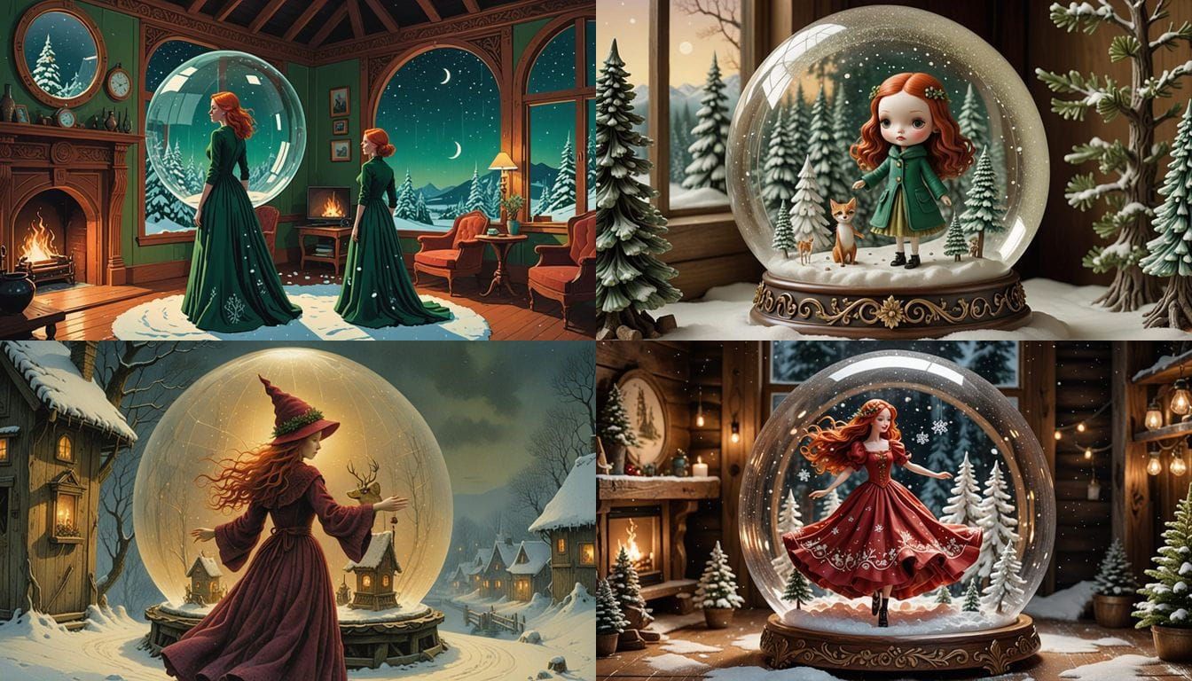 A Redheaded Dancer Inside a Whimsical Snow Globe Cabin Scene