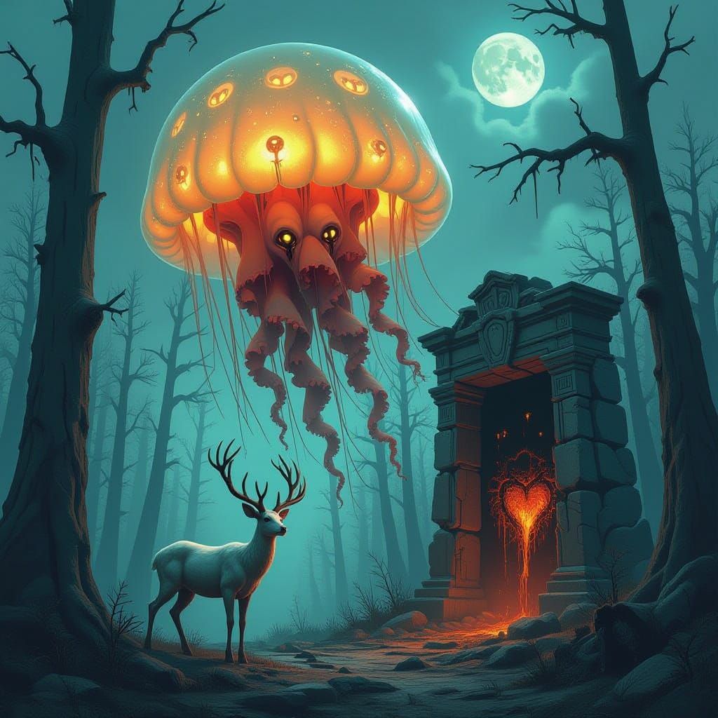 Eldritch Jellyfish in Haunted Forest, Porcelain Deer