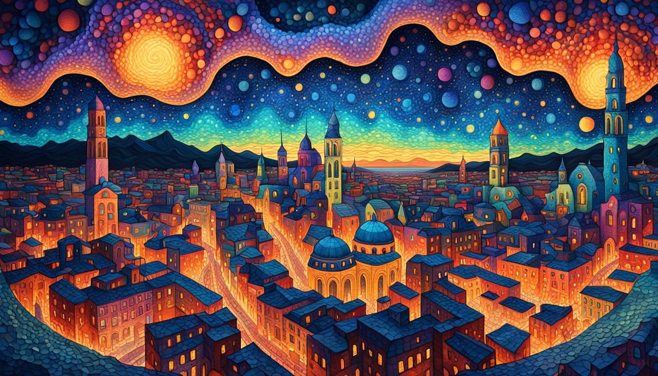 Surreal Geometric Cityscape in Vibrant, Iridescent Colors