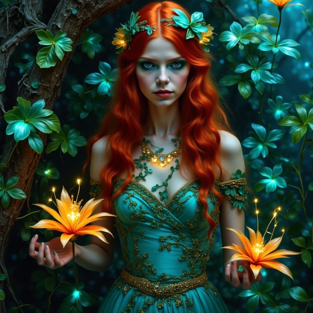 Enchanted Grove: Woman Amidst Bioluminescent Flora