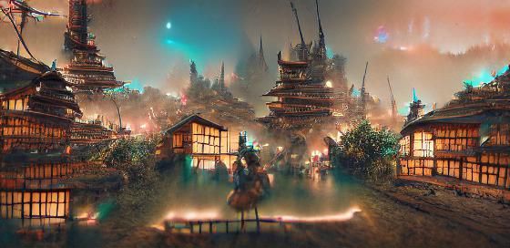Surreal Feudal Cityscape Under Midnight Steampunk Skies